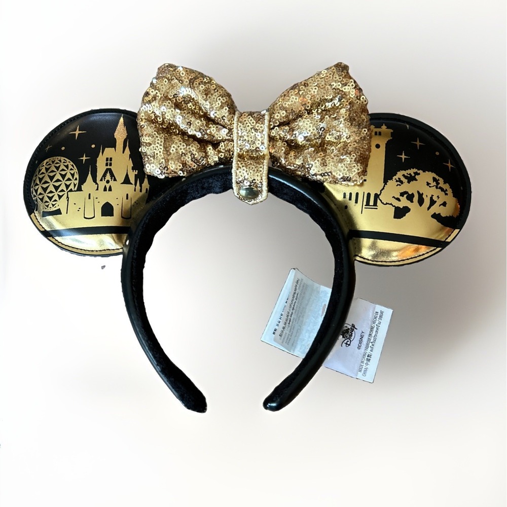 Disney World 2023 4 Parks Icons Black & Gold Sequin Bow Minnie Mouse Ears VHTF!